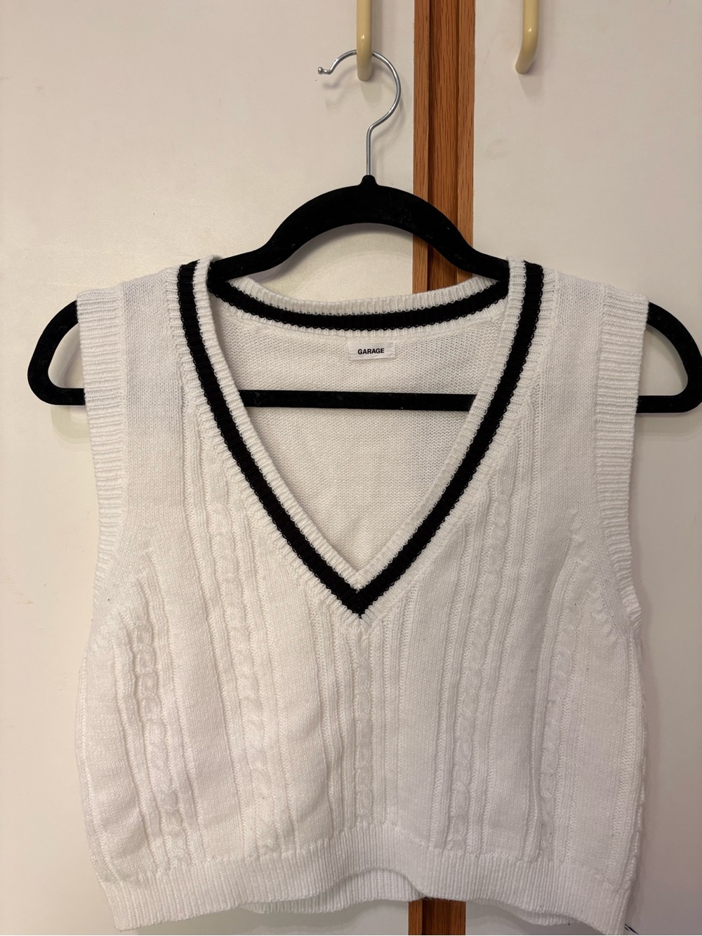 Garage White Cable Knit V-Neck Sweater Vest with Black Trim